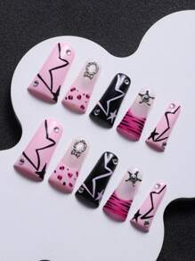 10pcs Long Almond-Shaped Pink Leopard Pattern French Style Handmade Nail Art Tips, Y2K Glam Rhinestone Decor Press On Nails