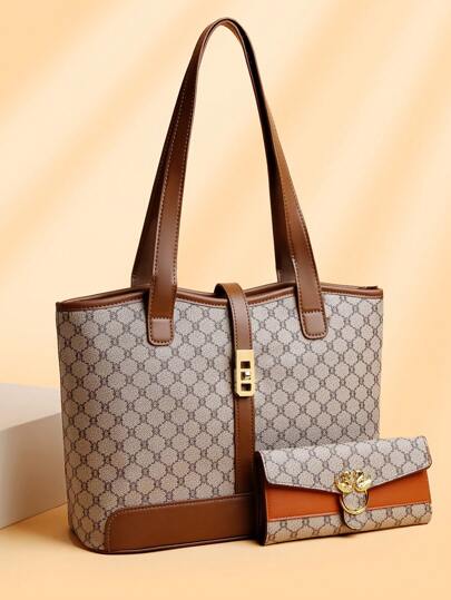 1 Set Large Capacity Tote Bag & Wallet, Fashionable Shoulder Bag For Middle-Aged Women, Autumn/Winter