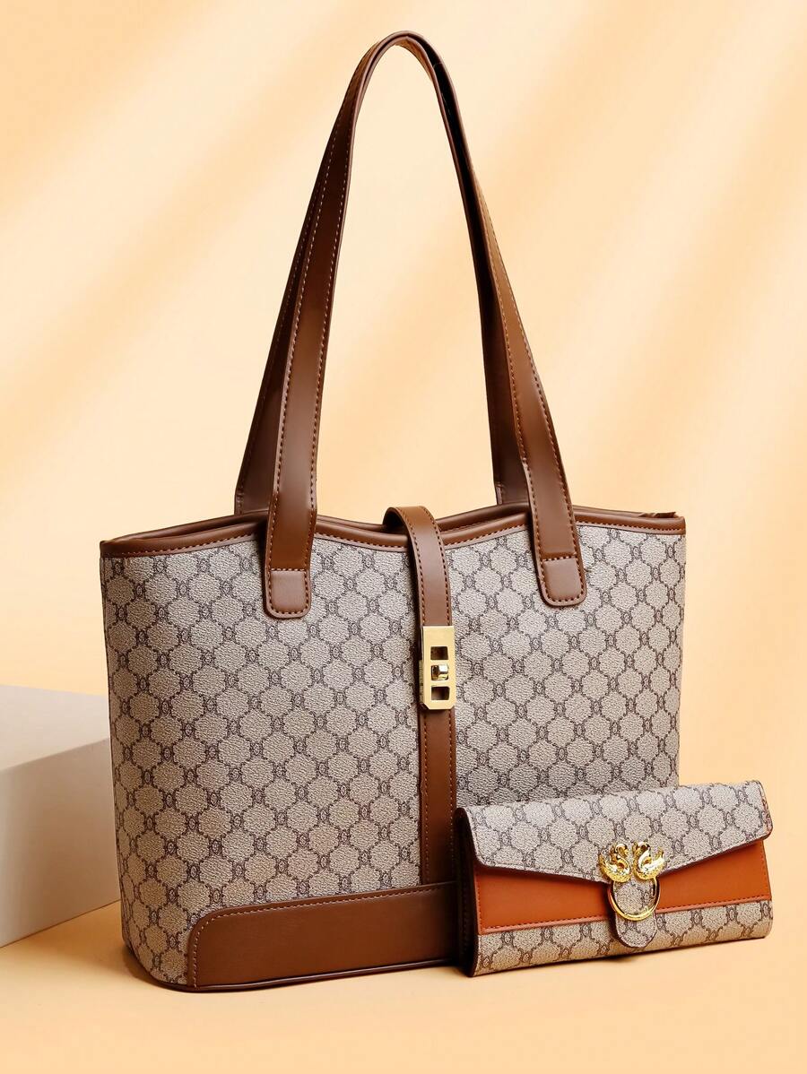 1 Set Large Capacity Tote Bag & Wallet, Fashionable Shoulder Bag For Middle-Aged Women, Autumn/Winter