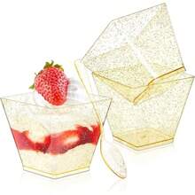 10/25/50//100/200Pcs,2oz/60ML Mini Plastic Dessert Cups With Spoons Small Square Glitter Clear Banana Pudding Cups Serving Tasting Bowls For Appetizer Birthday Wedding Party Gold And Transparent