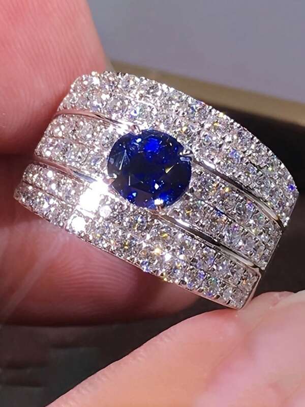 1 pezzo Anello con fascia larga in rame con cristallo blu sintetico di lusso, adatto per uso quotidiano, matrimonio, fidanzamento, gioielli da festa, regalo di San Valentino per donna