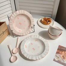 4 Stücke Keramik-Essservice, hochwertig, süßer Stil, ideal zum Fotografieren, beinhaltet Reisschale, Teller, Löffel, Essstäbchen, geeignet für 1 Person - Verschiedenfarbig - Übersicht 2