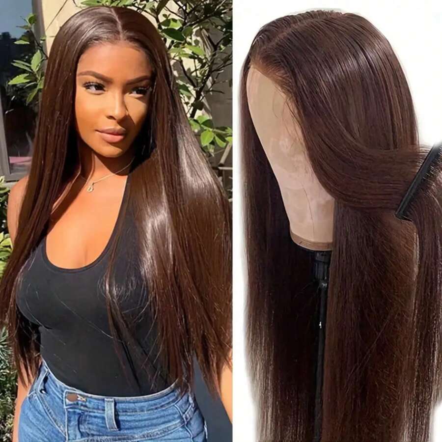200% Density 13*6 HD Transparent Lace Front Human Hair Wig Chocolate Brown Brazilian Hair Straight Lace Frontal Wig For Women Pre Plucked Natural Hairline Free Part Wig With Baby Hair - 巧克力棕 - 查看 1