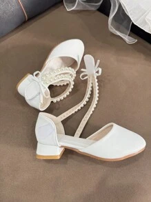 1 Pair Girls Elegant Bow Pearl Rhinestone Princess Design Dress Shoes, Pink Breathable Non-Slip High Heels, Suitable For Spring, Summer, Autumn Wedding, Party, Stage