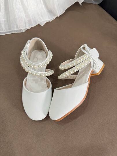 1 Pair Girls Elegant Bow Pearl Rhinestone Princess Design Dress Shoes, Pink Breathable Non-Slip High Heels, Suitable For Spring, Summer, Autumn Wedding, Party, Stage