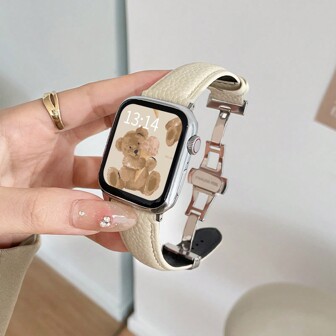1 Pc Soft Lychee Texture Women's Butterfly Buckle Business Leather Sports Watch Band For 38mm 40mm 41mm 42mm 44mm 45mm 46mm 49mm, Compatible With Apple Watch Series 10/9/8/7/6/5/4/3/2/1 Se Ultra