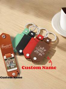 1pc Personalized Leather & Aluminum Alloy Photo Keychain, Unique Customized Gift For Valentine's Day, Anniversary, Father's Day, Mother's Day With Engraved Blessing Message - Multicolor - View 1