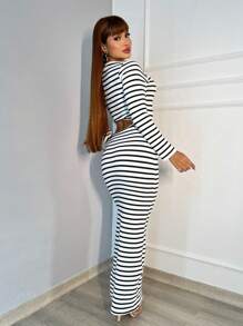 Women's Long Dress With Long Sleeves And Slit And Side Detail - 黑與白 - 查看 3