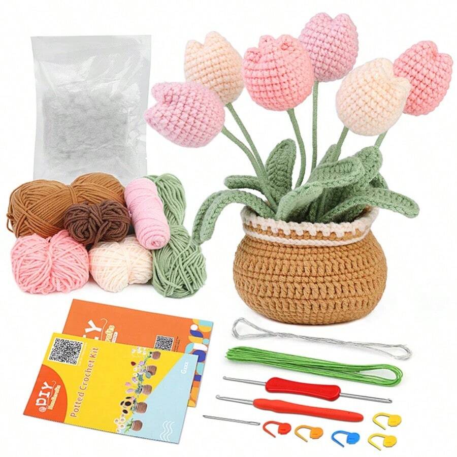 Crochet Flower Kit For Beginners With Instruction Knitting Yarn Thread Hook Needles Easy Knit Accessories Set DIY Craft - Type 4 - View 1