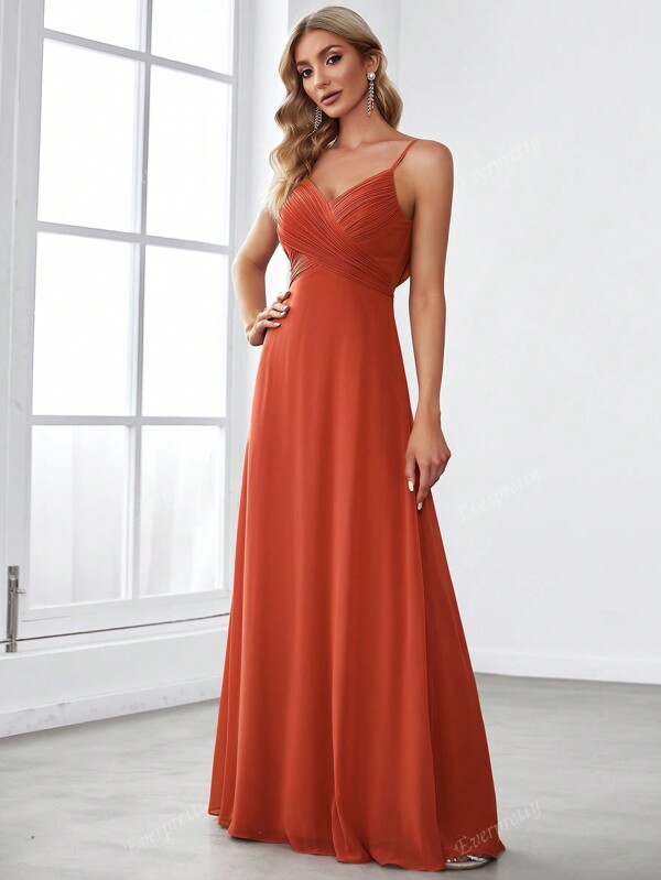 EVER-PRETTY Vestido de dama de honor elegante de chifón de color naranja quemado con tirantes de espagueti y de longitud maxi para primavera