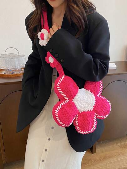 1 Piece Of Flower Shape Hand-Crocheted Oblique Shoulder Women's Bag, Shoulder Backpack, Multi-Purpose Women's Bag, Large Capacity, Cute Style, Dopamine Style, Sweet Style, Only Women's Bag For Party, Others Are Shooting Props, Can Be Given As Gifts To Friends, Perfectly Matching With Vacation Outfits Women