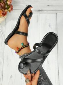 Sandalias tipo tanga cómodas para mujeres con correa antideslizante y hebilla, zapatillas planas para playa