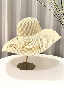 Damen Sommer Boho Pailletten Stickerei Dekor Mode Strohhut mit breiter Krempe und faltbare Sonnenhut, geeignet für Strand, Reise, Outdoor UV-Schutz, täglichen Gebrauch