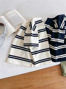 Young Boy Striped & Letter Print Short Sleeve T-Shirt, Casual Summer - Black and White - View 4
