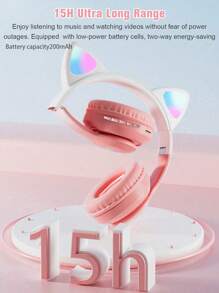 Casque sans fil, Bluetooth 5.0, longue durée de vie de la batterie, audio haute qualité, faible latence, design oreilles de chat, convient pour l'écoute de musique et le jeu esport