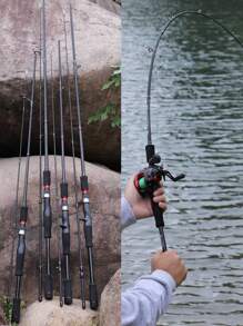 SOUGAYILANG Caña de pescar de 1.8M con 2 secciones de fibra de carbono, con mango cómodo de EVA en color rojo/morado, caña de pescar giratoria/de lanzamiento para pesca en agua dulce