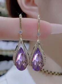 1 对时尚优雅蓝水晶耳环带耳钩，欧美经典风格，百搭 2025 新品 - 彩色 - 查看 7