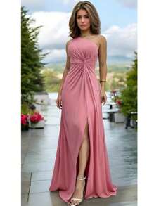 Long Emerald Dress Blue Green Red Marsala Rose Olive + Colors Luxury And Elegance For Bridesmaids Graduates And Guests With One Shoulder With Fluid Cup Fits 36 To 42 - 乾枯玫瑰色 - 查看 4