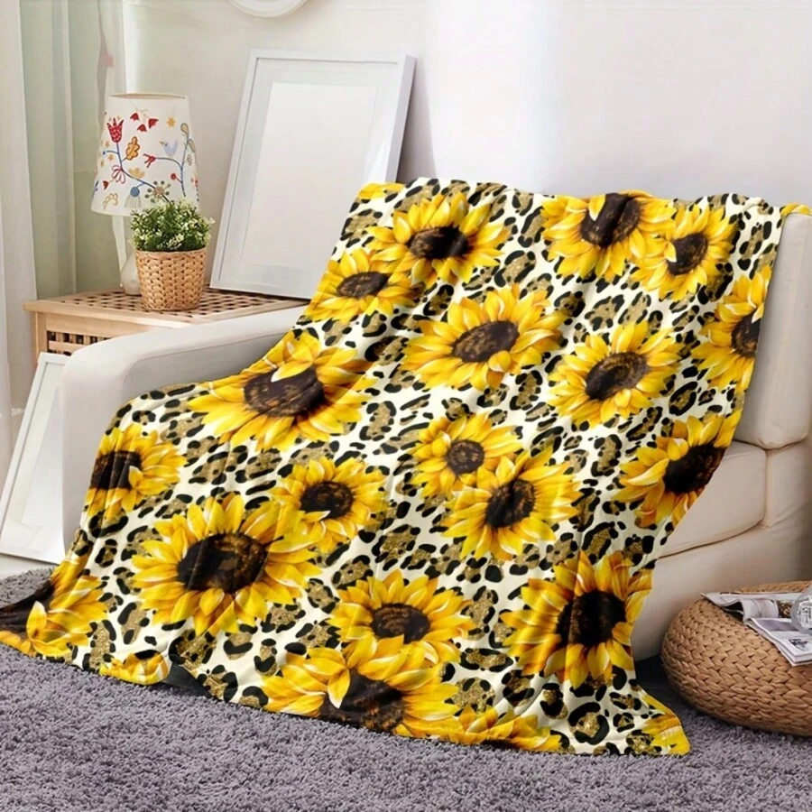 1pc Vintage Sunflower Leopard Print Flannel Blanket - Soft, Warm, Non-Woven Polyester Throw For Sofa, Bed, Office, Camping - All-Season Multipurpose Gift Blanket - 白色 - 查看 1