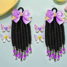 SprBuds Set Of 2 Kids Ponytail Extensions, Braids With Beads, Sweet Hair Extension With Elastic Tie, Twist Ponytails With Hair Bows, Clip And Go Design Cute Pigtail, Beautiful Wig For Girls Casual Leisure Party Back To School Hair Accessories, Christmas New Year Gift For Children - 紫色 - 查看 2