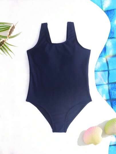 Bộ đồ bơi liền thân New Girl màu xanh navy trơn kiểu dáng thể thao cho trẻ em lớn từ 8-12 tuổi