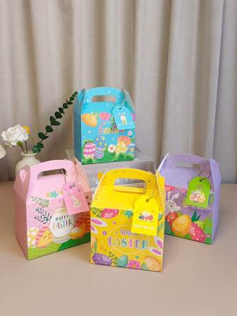 4/12pcs Easter Candy Bags Rabbit Gift Box With Handle, Easter Box For Candy Cookies Suitable For Easter Home School Classroom Party Decoration