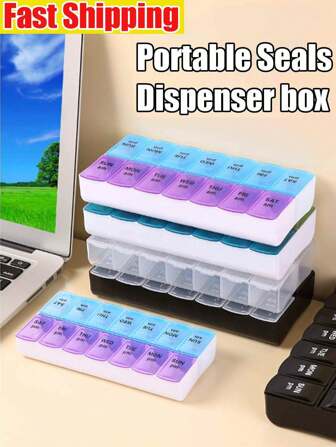 1st veckovis pillerlåda, daglig 2x7 dagars pillerlåda, stor daglig läkemedelsförpackning, resepillerlåda, pillerlåda, dubbelrad 14-facksarrangör, veckoförpackning för blindskrift, pillerlåda i plast, läkemedelsdosor, förvaring av bärbara tillbehör