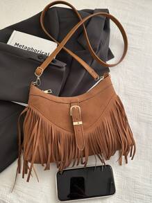 1 件棕色 PU 光滑拉链流苏装饰时尚百搭休闲斜挎包，适合女性日常使用 - 棕色 - 查看 9