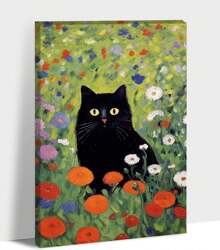 Cat Bathroom Wall Art Decor, Funny Abstract Cartoon Canvas Print, Vintage Famous Artists Style Painting Wooden Inner Frame, No Outer Frame - 5 - View 1