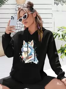 Siberian Husky Head Watercolor Portrait - Fine Art Print Big Size Women Hoodie Hoodie For Ladies