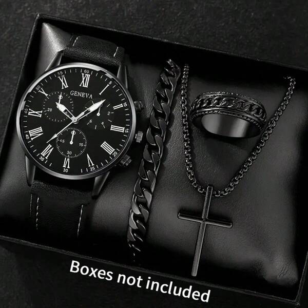 4pcs Men Casual Watches Minimalist Classic Business Casual Men Pu Leather Button Battery Pointer Quartz Watch Hip Hop Fashion Jewelry Set Hand Chain Ring Men Necklace Valentine's Day Father's Day Birthday Thanksgiving Gifts Romantic Gifts For Him