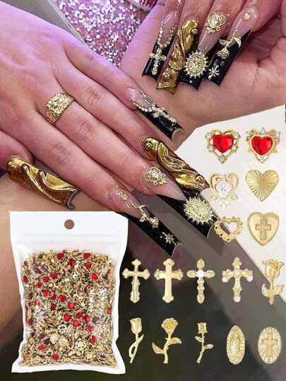 64 piezas Juego de adornos para uñas dorados con gemas doradas, rosas doradas, corazones, cruces dorados y adornos de la Virgen María - Decoraciones de uñas 3D cromadas de estilo Y2K, suministros para uñas