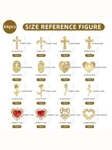 64Pcs Gold Nail Charms Set With Gold Nail Gems, Gold Rose, Hearts, Gold Cross Nail Charms And Virgin Mary Nail Charms - Y2K 3D Chrome Nail Charma Decorations Nail Supplies Nails - Gold - View 6