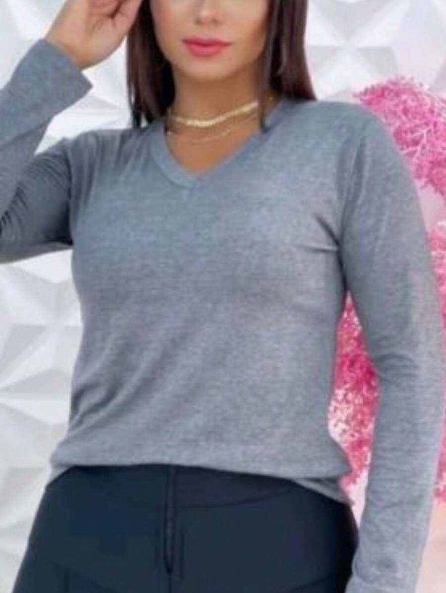 Women's Blouse Long Sleeve V Neck Second Skin Viscolycra - 灰色的 - 查看 1