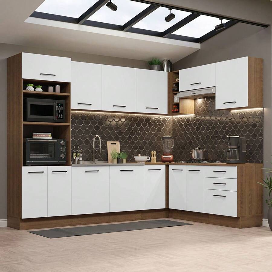 Complete Modular Corner Kitchen Madesa 479cm Agata 01 - Brown and White - View 1