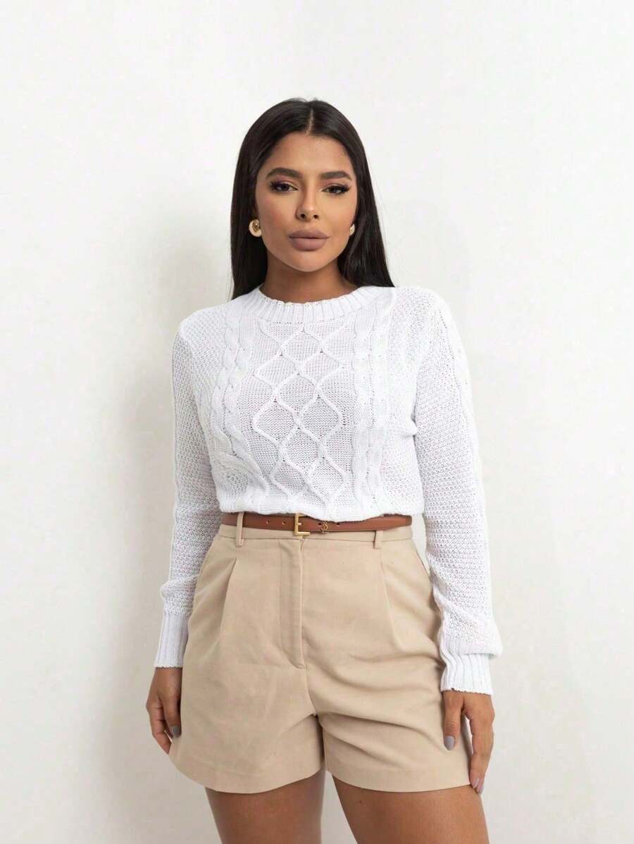 Closet Malhas Cropped Knit Long Sleeve Blouse With Braids | Winter Knit Blouse Women's Fashion  2025 - 白色上衣 - 查看 1