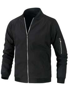 Giacca leggera casual da uomo con colletto a baseball e zip, colore nero, adatta per primavera ed estate, per uso quotidiano, pendolarismo e attività all'aperto