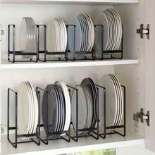 8pcs Sleek Black Metal Dish Rack Set - Space-Saving Tiered Shelf Organizer For Kitchen, No-Drill Overhead Mounting, Versatile Plate & Utensil Holder With Pull-Out Design, Ideal For Home Use, Kitchen Organizers And Storage, Utility Racks