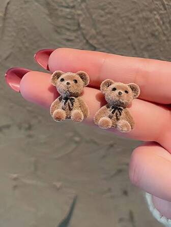 1 Pair/2 Pairs Of Cute Bear & Rabbit Ear Studs For Women, Flocked Minimalist Teddy Bear & Rabbit Earrings (Cards Are Shipped Randomly)