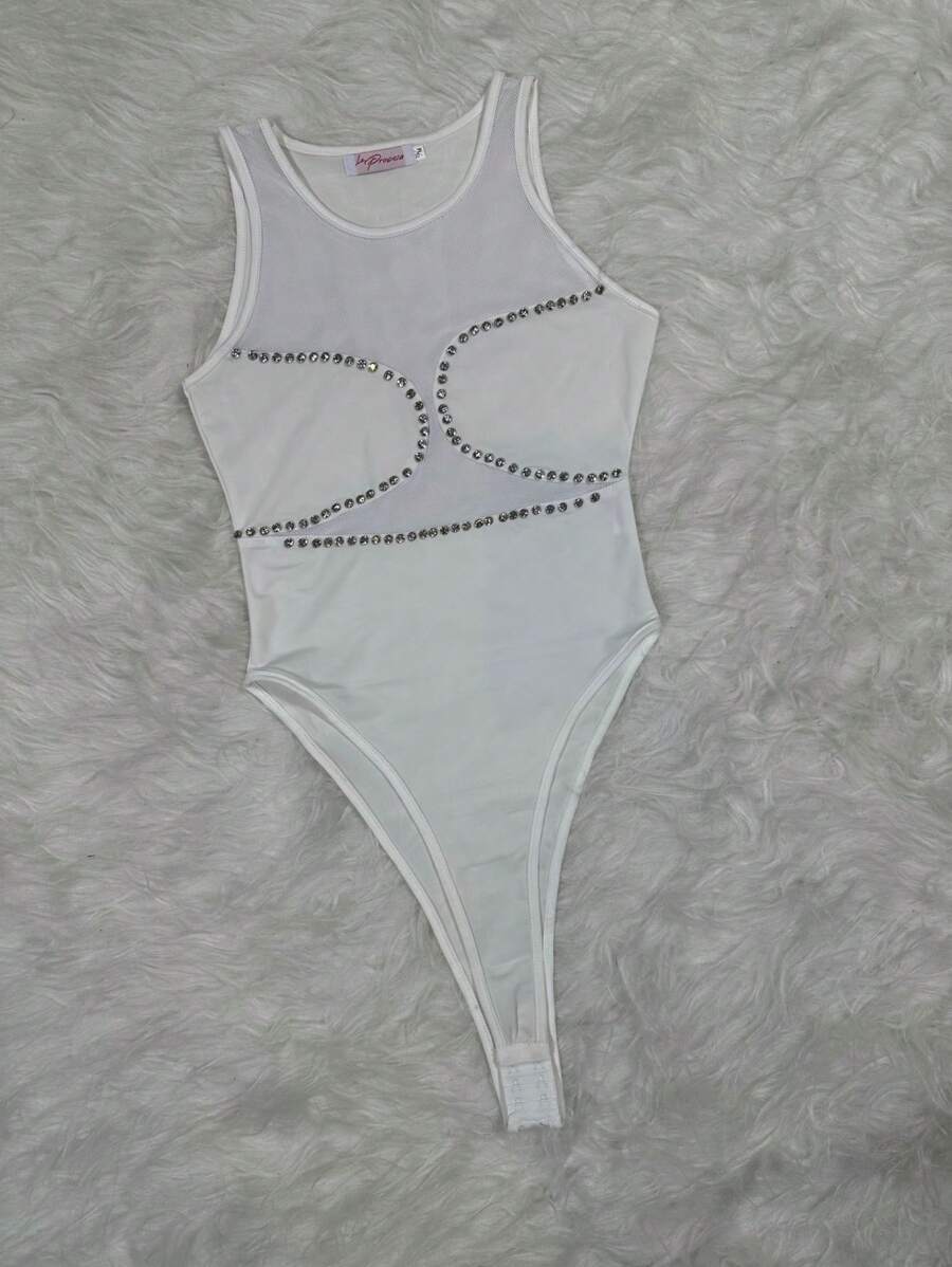 BODY LICRA DE RED, TRANSPARENCIA CON PEDRERIA POR TALLAS - Blanco - Ver 1