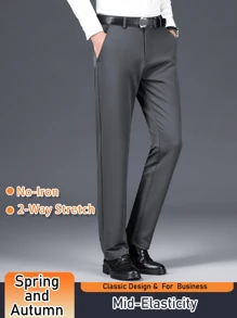 Men's Solid Color Dress Pants, Classic Design Slightly Stretch Formal Dress Pants For Business Occasions, Spring And Fall - Grey - View 8