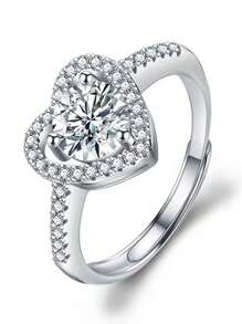 1 件可调节奢华水钻心形戒指，新娘婚礼派对戒指，女士礼物，适合婚礼、正式活动、派对、日常佩戴 - 銀色 - 查看 5