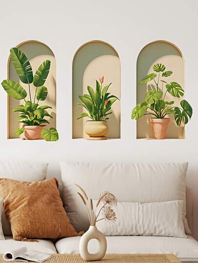 1-3pcs 3D Potted Plant Wall Stickers, PVC Waterproof Self Adhesive Stickers, Art Deco Style Green Plants Self-Adhesive Decals, Matte Finish Plastic Flower Murals, With Floral Theme For Home Decor,Office Decor,Living Room Decor, Bedroom Decor, Study Room Decor, Wall Decor Decals