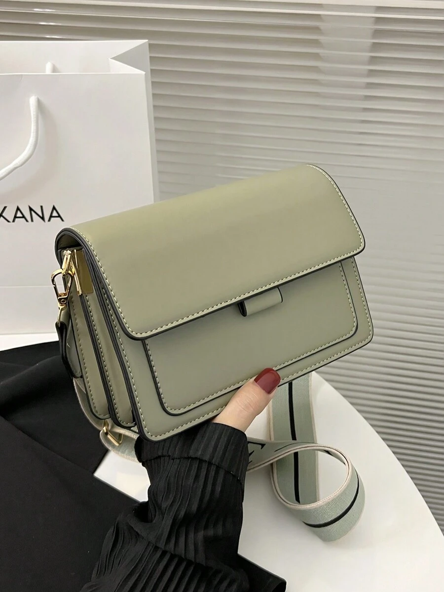 Fashionable Simple Flap Shoulder Bag With Wide Strap, Crossbody - Army Green - View 1