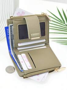 新款 女士按扣式短款钱包 精致柔软 PU 双层拉链零钱包 卡槽 简约时尚 轻便钱包 钱包 迷你钱包 小钱包