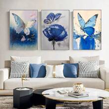 3入組蝴蝶油畫打印在帆布上的藝術家居裝飾牆畫藝術海報 - 彩色 - 查看 12