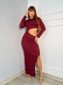 Women's Long Dress With Long Sleeves And Slit And Side Detail - 紅木色 - 查看 1