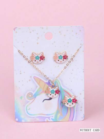 1 Set Girls' Elegant Jewelry Set, Including Zinc Alloy 3 Flower Kitten Ring, Earrings, Necklace