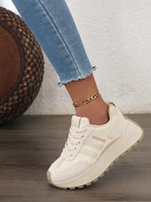 1 Pair Women Multi-Function Fashion Colorblock Casual Leather Waterproof Thick Sole Sneakers, Daily Versatile Sporty Outdoor Shoes - Beige - View 9