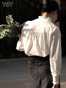 [Y6Y] 女士优雅白色长袖衬衫，荷叶边领口和褶裥细节，梭织面料，适合通勤和休闲穿着